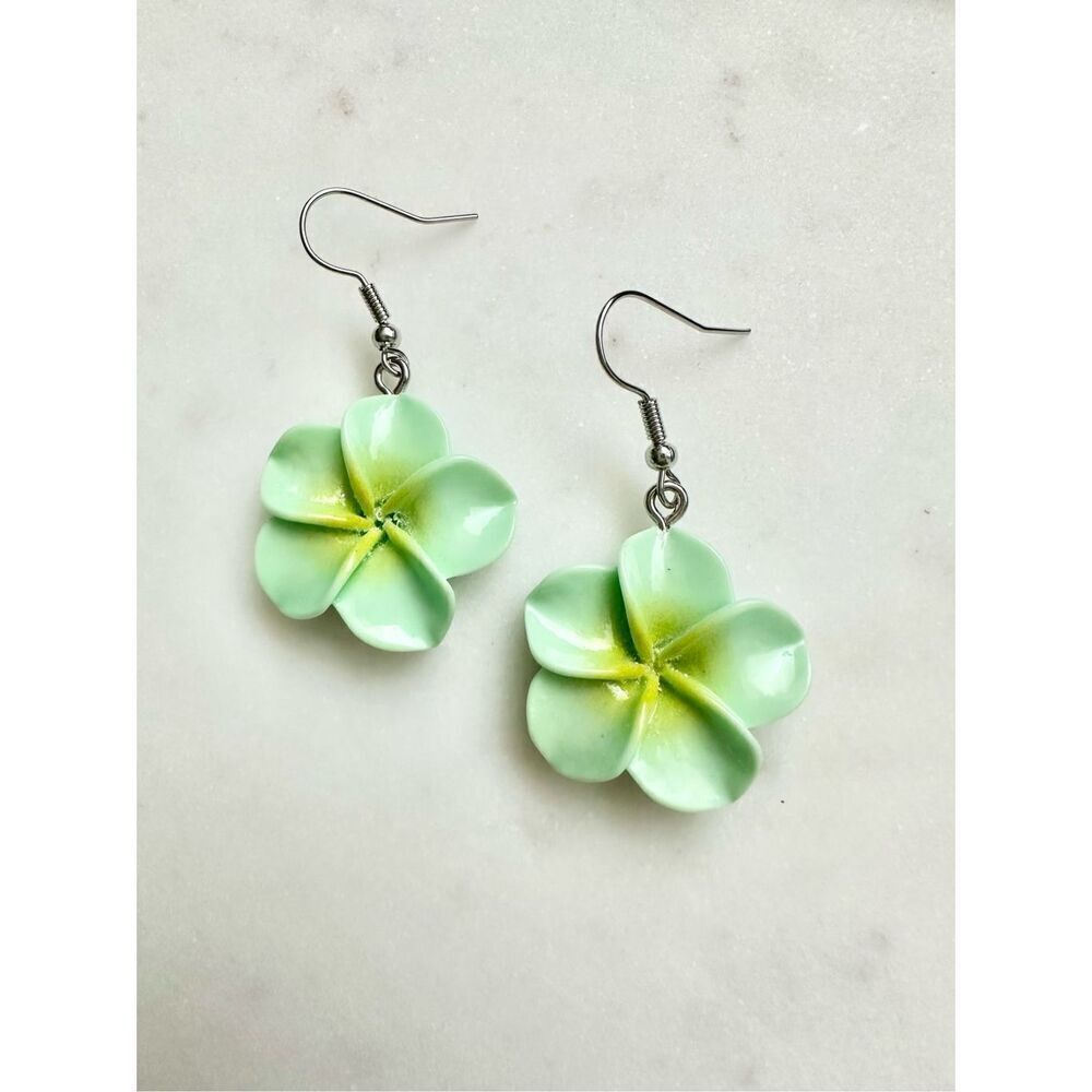Green hibiscus dangle flower earrings